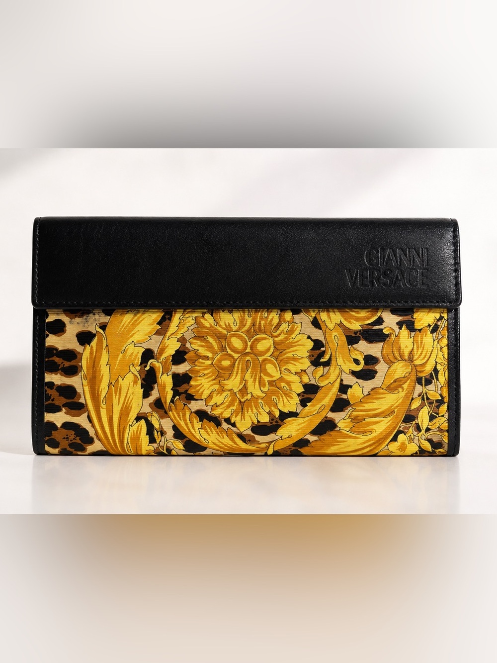 GIANNI VERSACE Baroque Leopard Print Wallet Gold Black Vintage